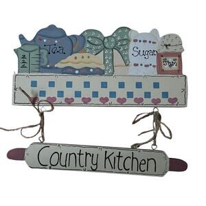 Vtg Country Kitchen Wooden Sign Retro Farmhouse Wall Plaque Sugar Tea Jam Tole
